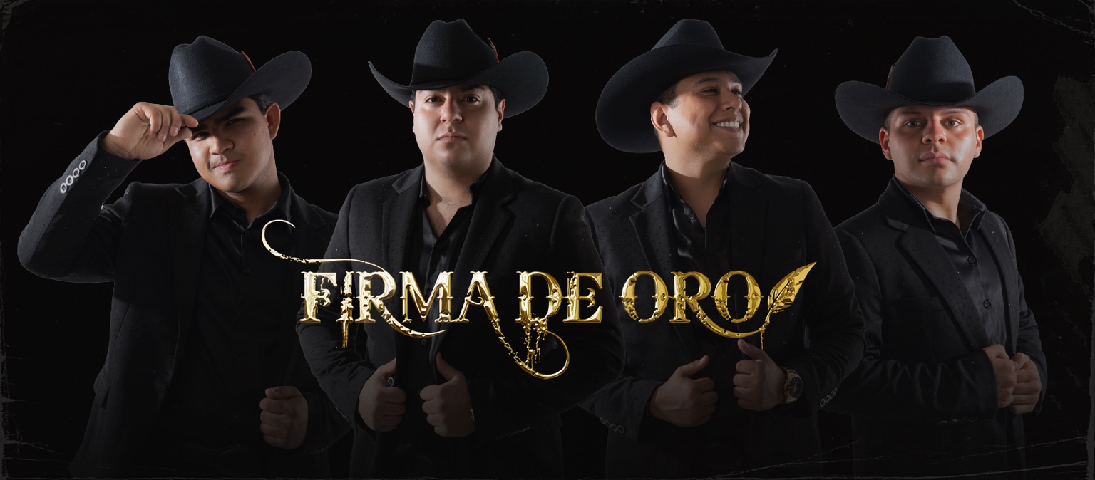 The four members of Firma de Oro in black western attire with the band's gold logo